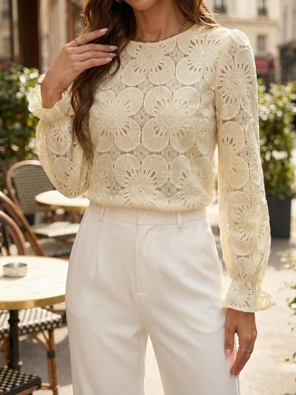 CUPSHE Women’s Long Sleeve Eyelet Lace Embroidered Crochet Blouse Top Size M